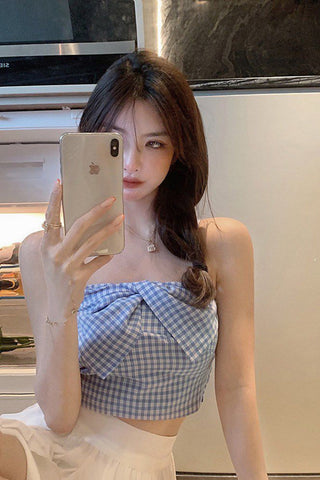 Sexy Bow Spaghetti Strap Plaid Crop Tops