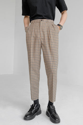 Vintage Plaid Elastic Waist Ankle Length Men Pants