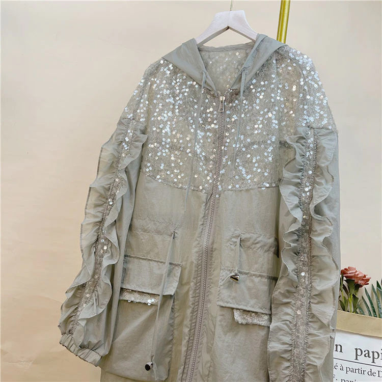 Long Sleeve Mid Length Sequined Transparent Hoodie