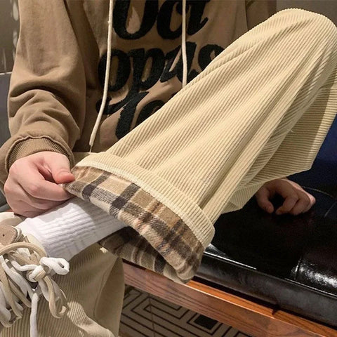 Loose Back Side Plaid Corduroy Long Pants