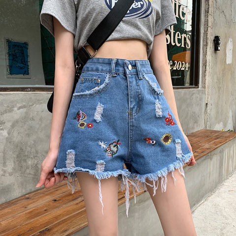 Sexy Floral Embroidered Denim Tassel Shorts Jeans