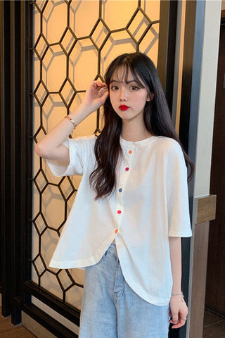 Colorful Buttons Short Sleeve Irregular Shirt