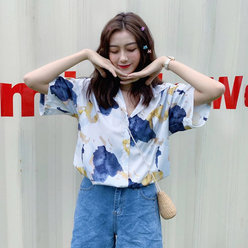 Art Paint Printed Short Sleeve Blouse Shirt