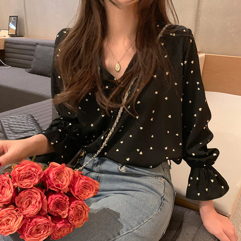 Cute Love Pattern Printed Elegant Blouse Shirt