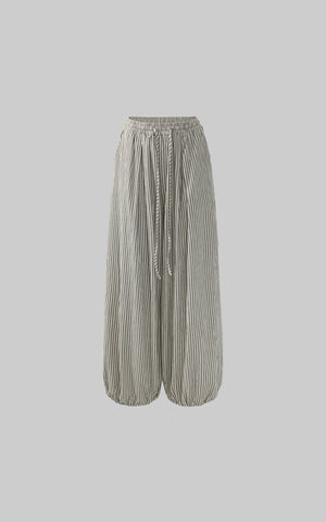 Drawstring Wide Stripe Pants in Washed Linen