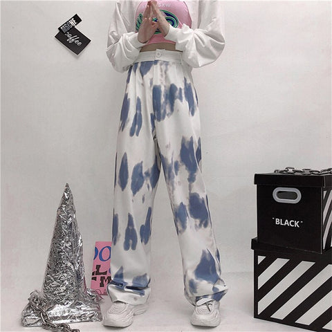 Pantalones casuales de cintura alta con efecto tie-dye