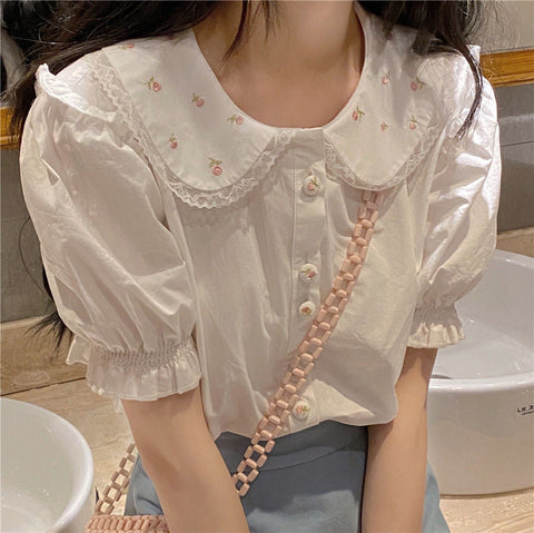 Floral Embroidered Peter Pan Collar Summer Shirt