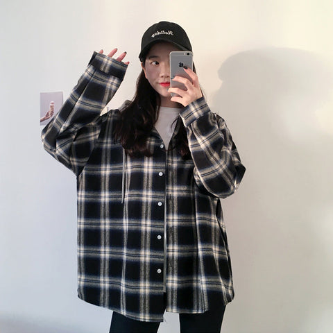 Black Plaid Hooded Loose Jacket