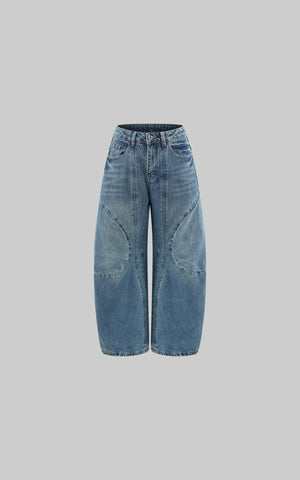 Wide-Leg Curved Panel Denim Pants