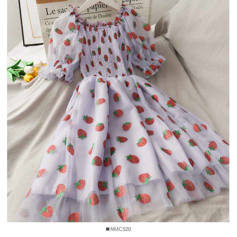 Strawberry Printed Elegant Chiffon Transparent Dress
