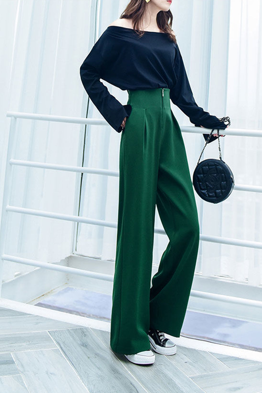 High Waist Wide Leg Zip Elegant Office Pants