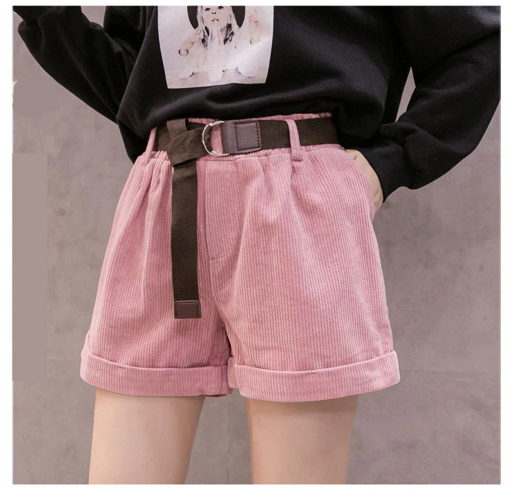 High Waist Corduroy Basic Shorts with Belt