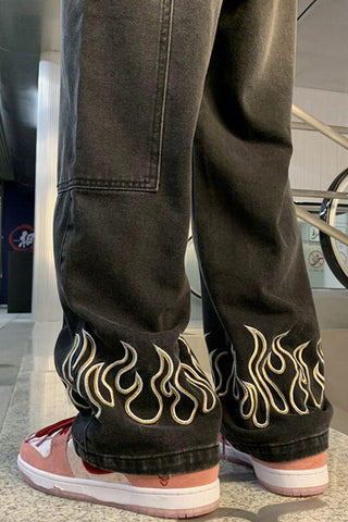 Loose Flame Embroidered Jeans Pants