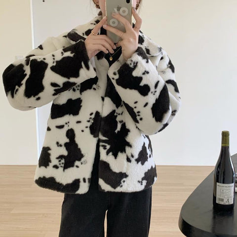 Retro Cow Pattern Stand Collar Winter Coat Jacket