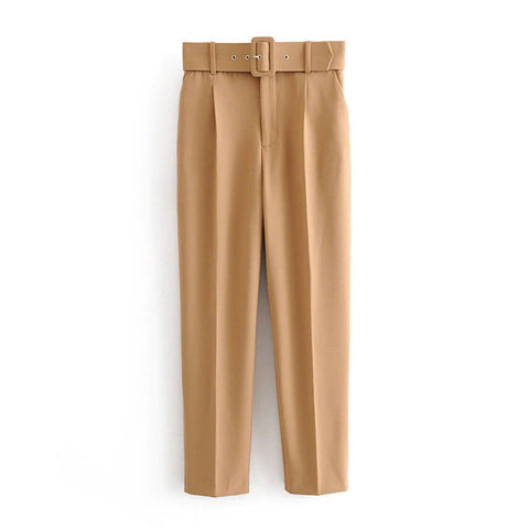 High Waist Solid Long Pants With Belt