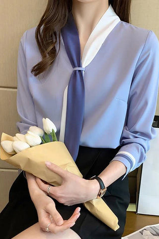 Long Sleeve Scarf Bow Chiffon Office Blouse Shirt