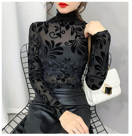 Camisas elegantes con estampado de flores y cuello alto 