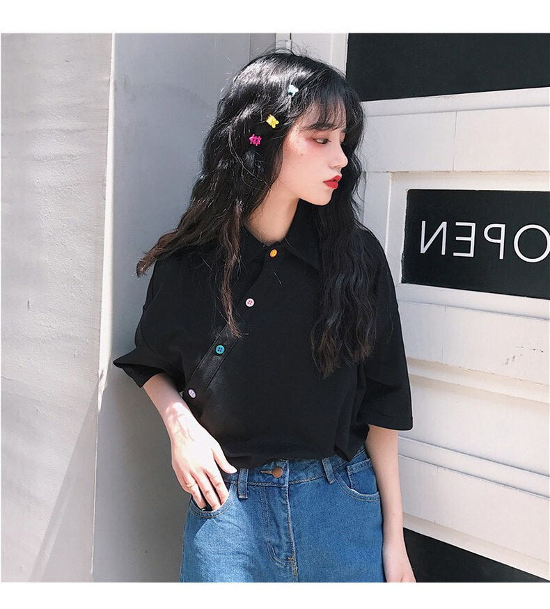 Colorful Button Cute Irregular Solid Shirt