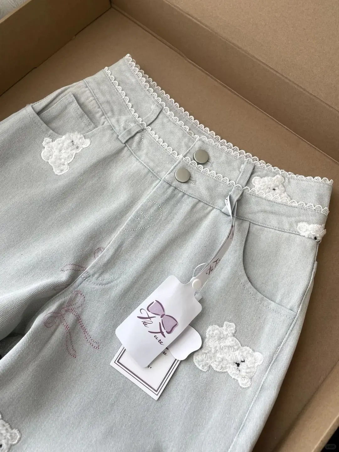 High Waist Bear Embroidered Lace Jeans Pants