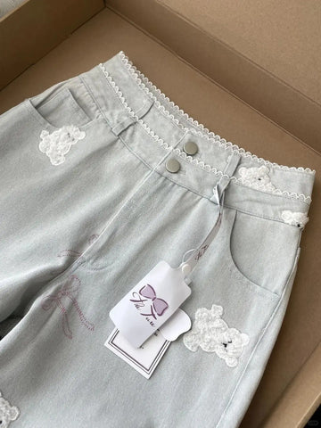 High Waist Bear Embroidered Lace Jeans Pants