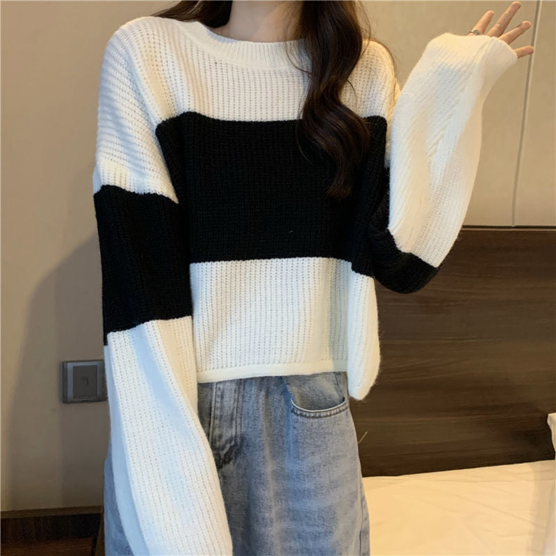 Loose Casual Patchwork Cropped Sweater