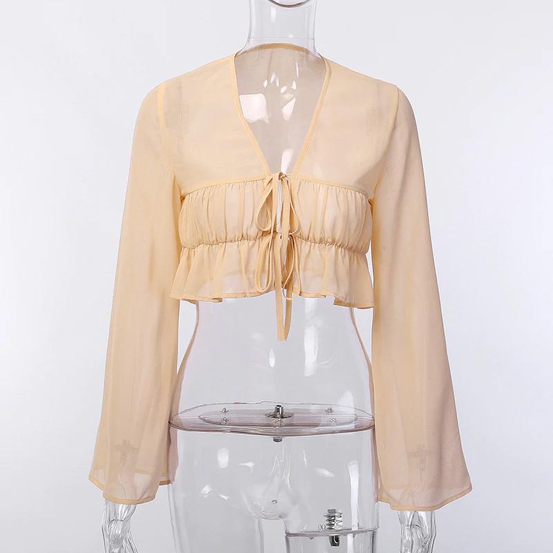 Sexy Crop Top mit langen Ärmeln, ausgestelltem Schnitt und gerüschtem V-Ausschnitt
