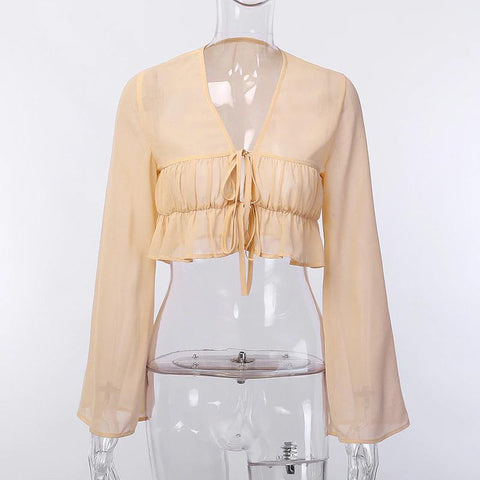 Sexy Crop Top mit langen Ärmeln, ausgestelltem Schnitt und gerüschtem V-Ausschnitt