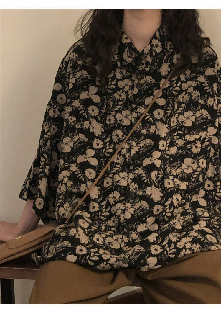 Vintage Loose Floral Dark Blouse Shirt