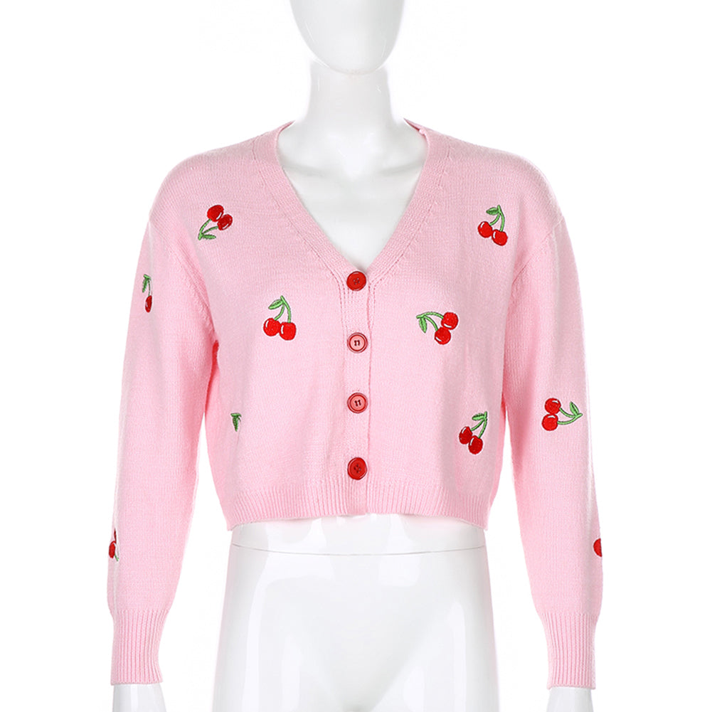 V-Neck Cherry Pattern Cardigan Knitted Sweater