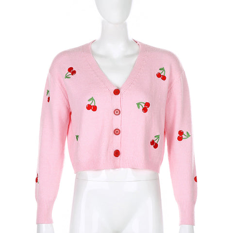 V-Neck Cherry Pattern Cardigan Knitted Sweater