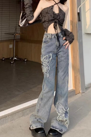 High Waist Lace Butterfly Pattern Jeans Pants