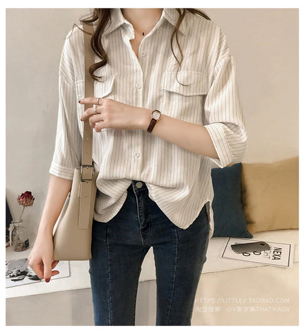 Three Quarter Sleeve Striped Blouse Shirt