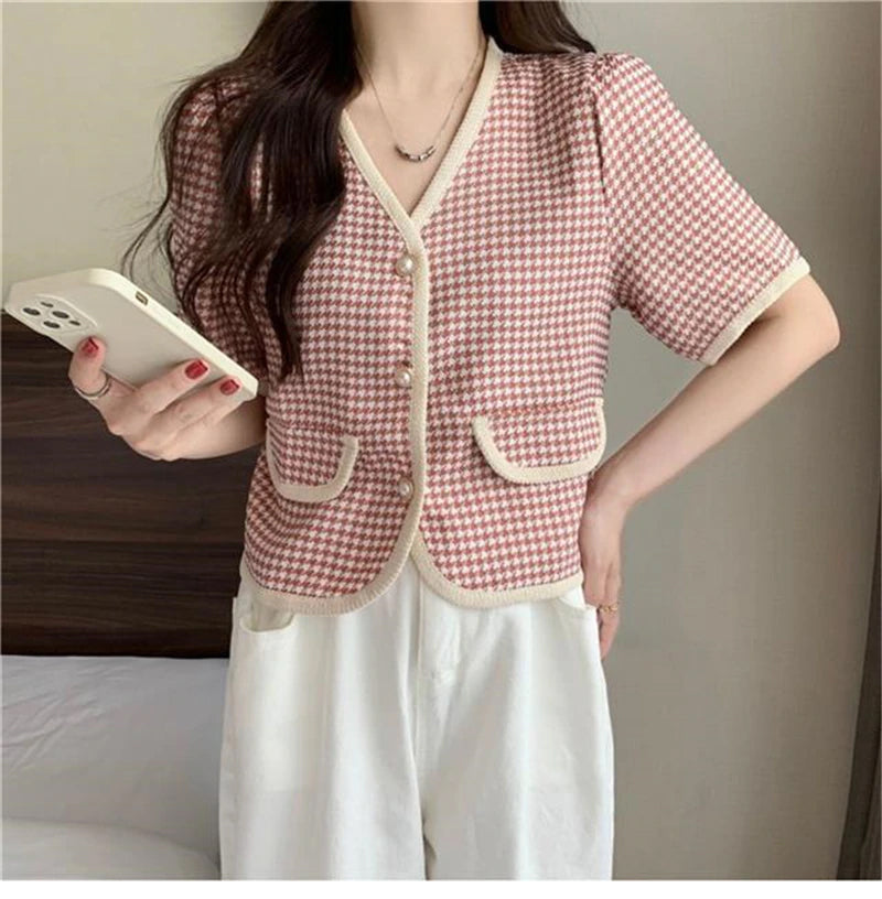 Short Sleeve Houndstooth Pearl Button Blouse Shirts