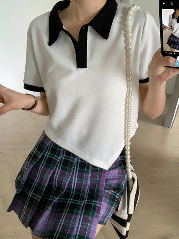 Short Sleeve Asymmetric Turn Down Collar Shirt