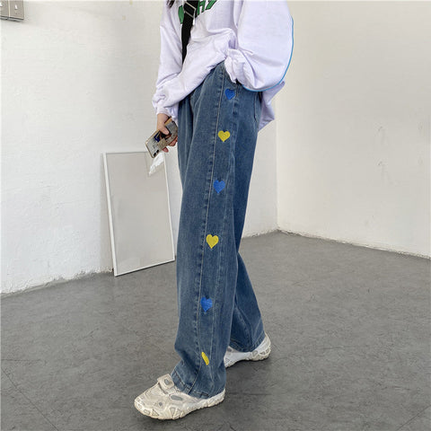 Color Heart Side Pattern Embroidery Jeans