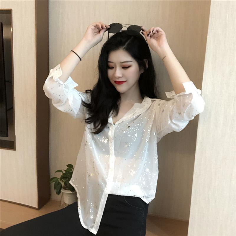 Long Sleeve Stars Sequins Chiffon Blouse Shirt