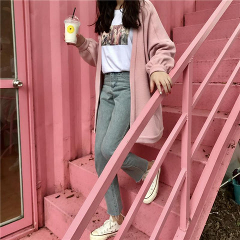 Loose Pink Thick Coat Cardigan