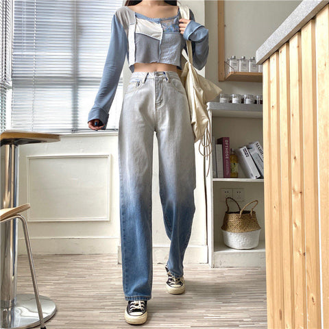 High Waist Blue Gradient Color Jeans Pants