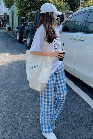 Cute Light Colors Long Loose Plaid Pants