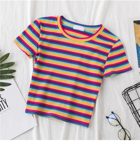 Rainbow Striped Cropped Slim Shirt