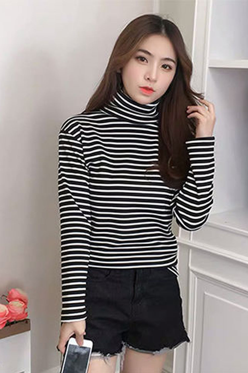 Long Sleeve Simple Striped Turtleneck Shirts