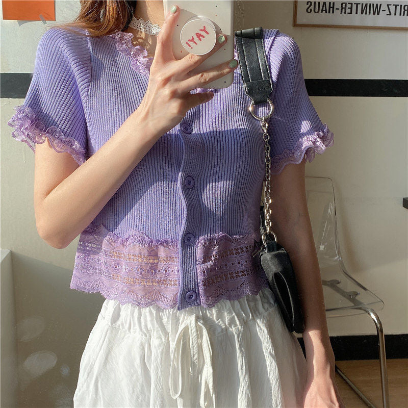 Sweet Ruffle Lace Cropped Slim Shirt