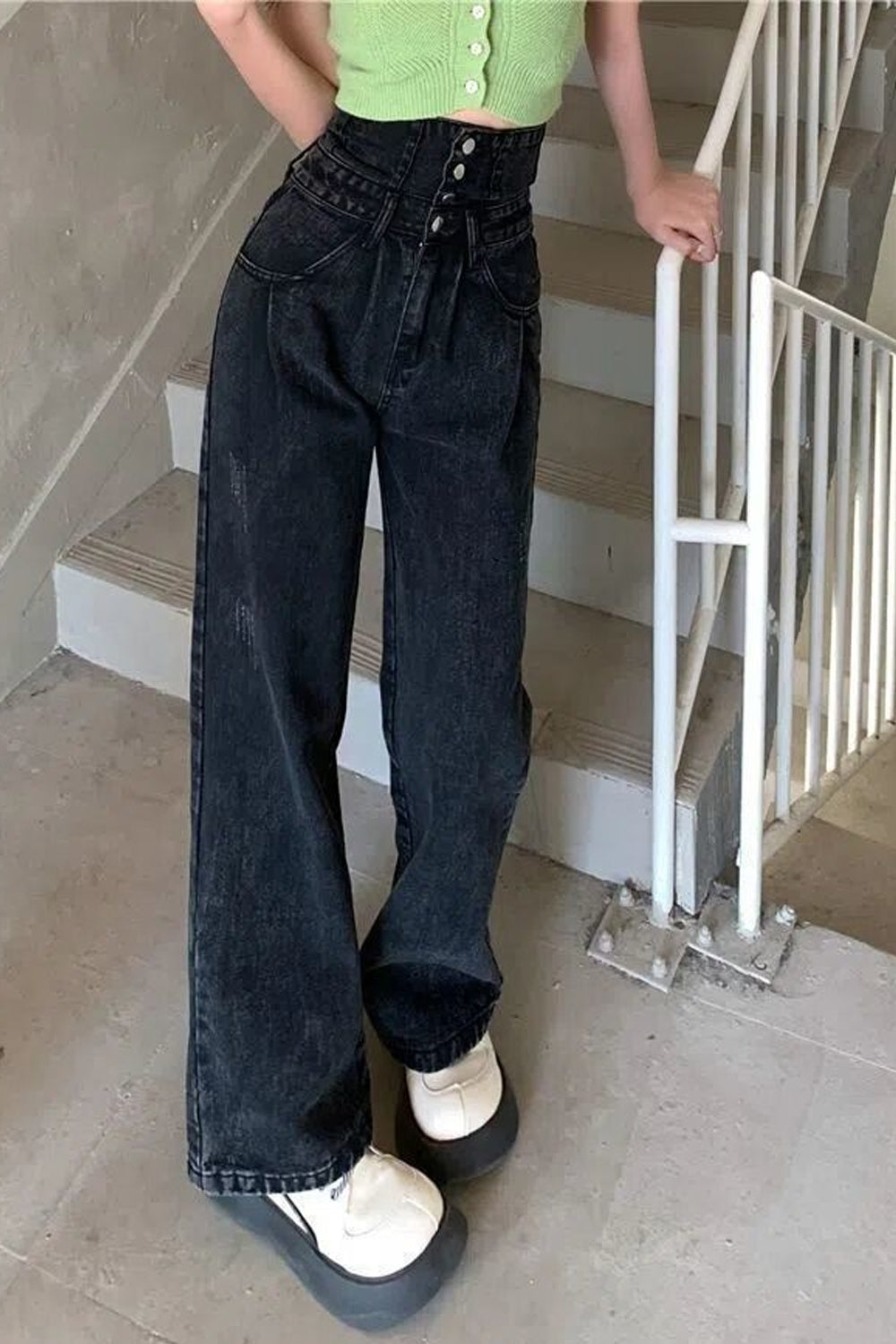 High Waist Extend Button Black Jeans Pants