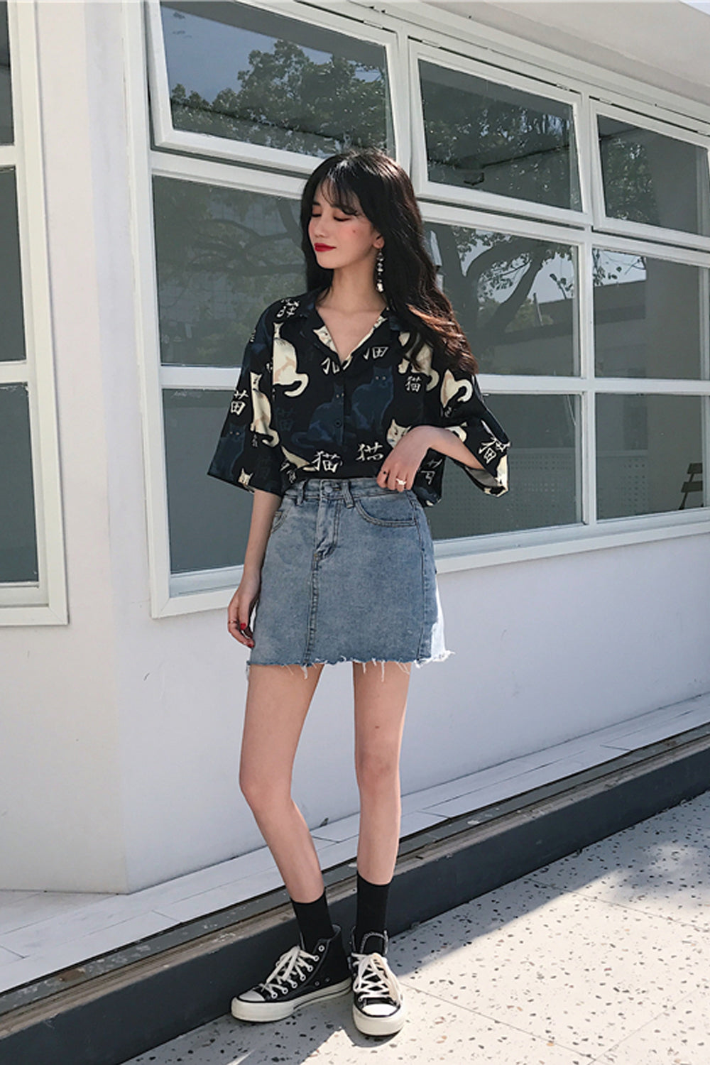 Short Sleeve Cute Cat Pattern Blouse Shirt