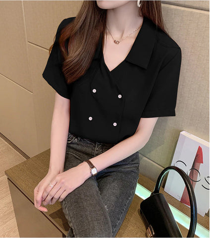 Short Sleeve Chiffon Notched Blouse Shirt