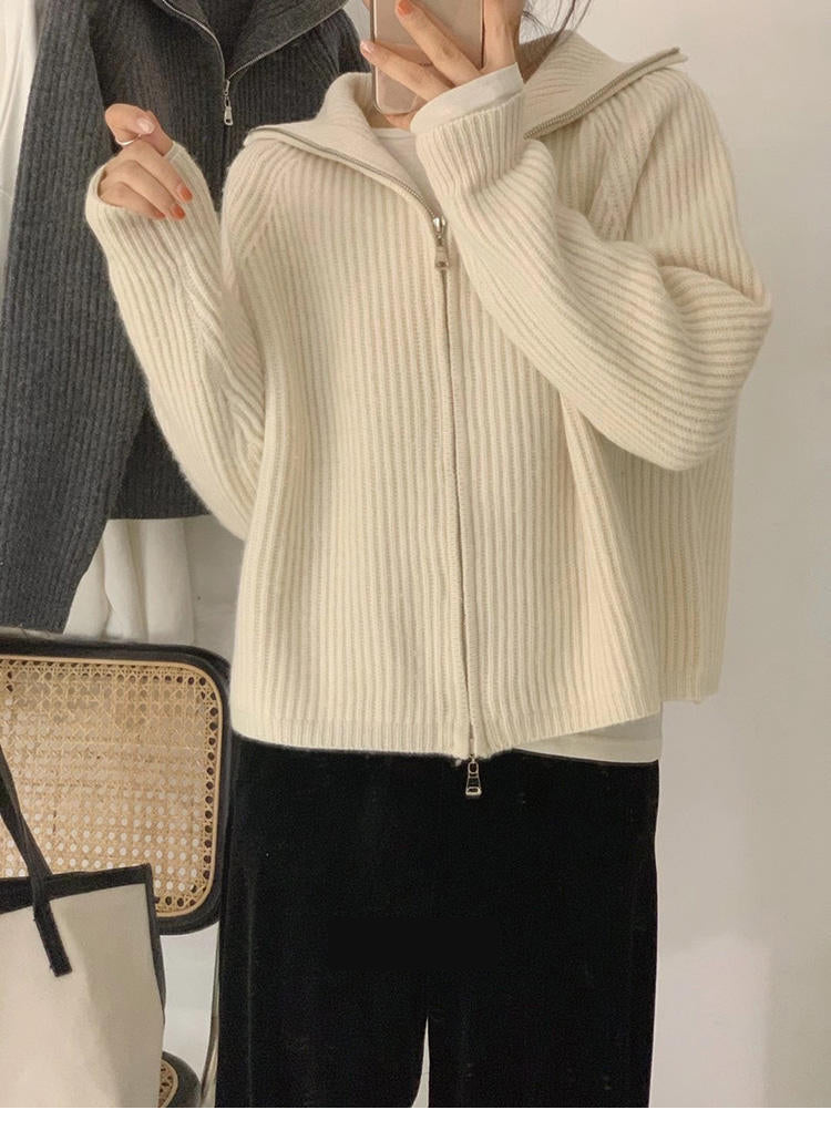 Solid Knitted Hooded Cardigan Sweater