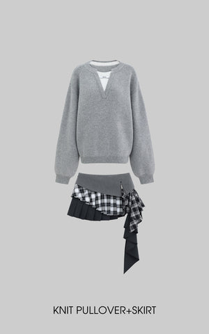 Grey Knit Pullover & Asymmetrical Plaid Skirt Set