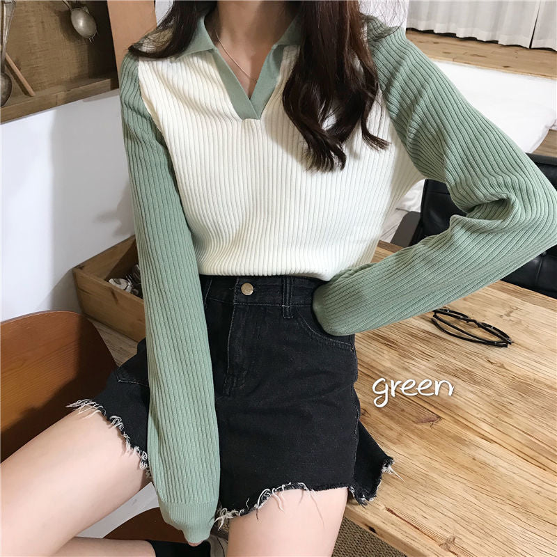 Long Sleeve Turn Down Collar Knitted Crop Slim Sweater