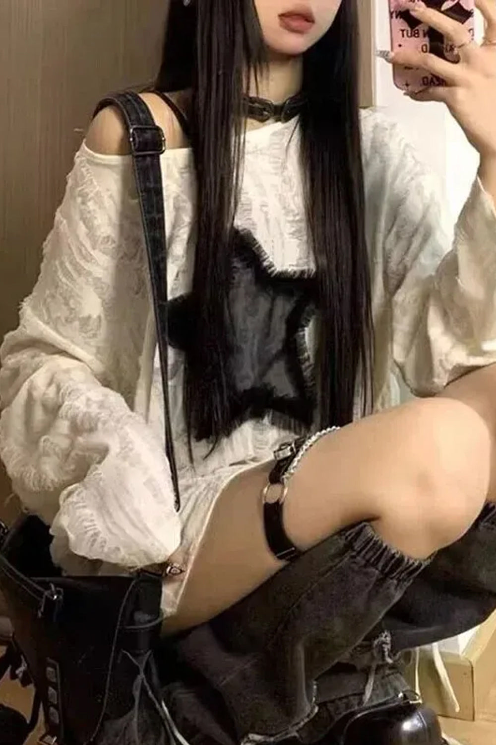 Long Sleeve Off Shoulder Star Patchwork Ripped Shirt