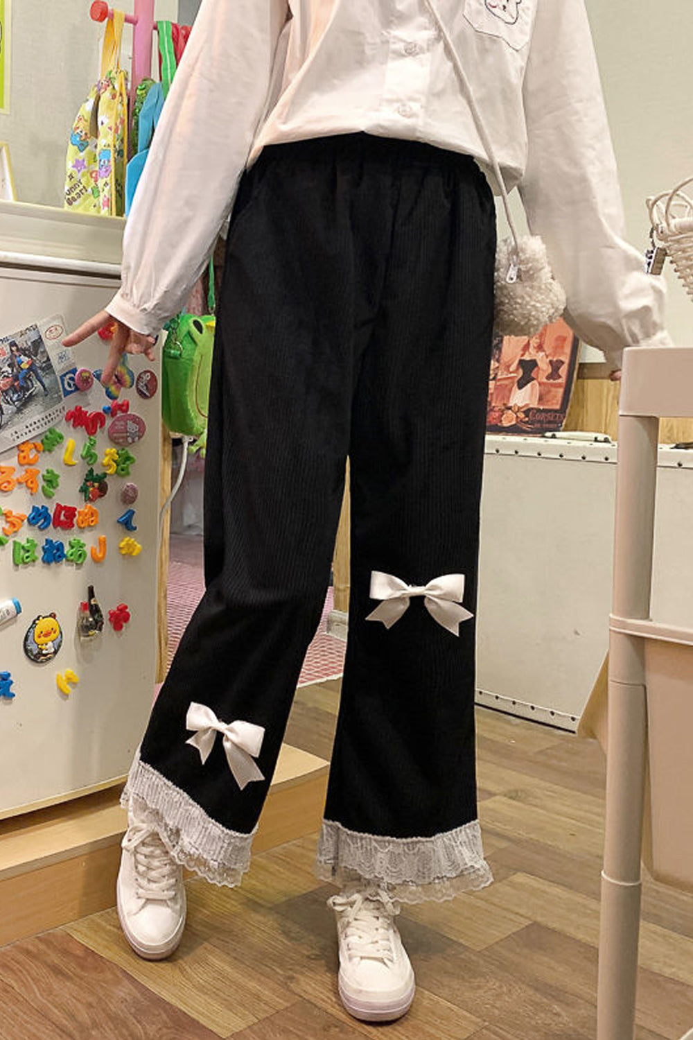High Waist Sweet Lace Bow Vintage Corduroy Pants